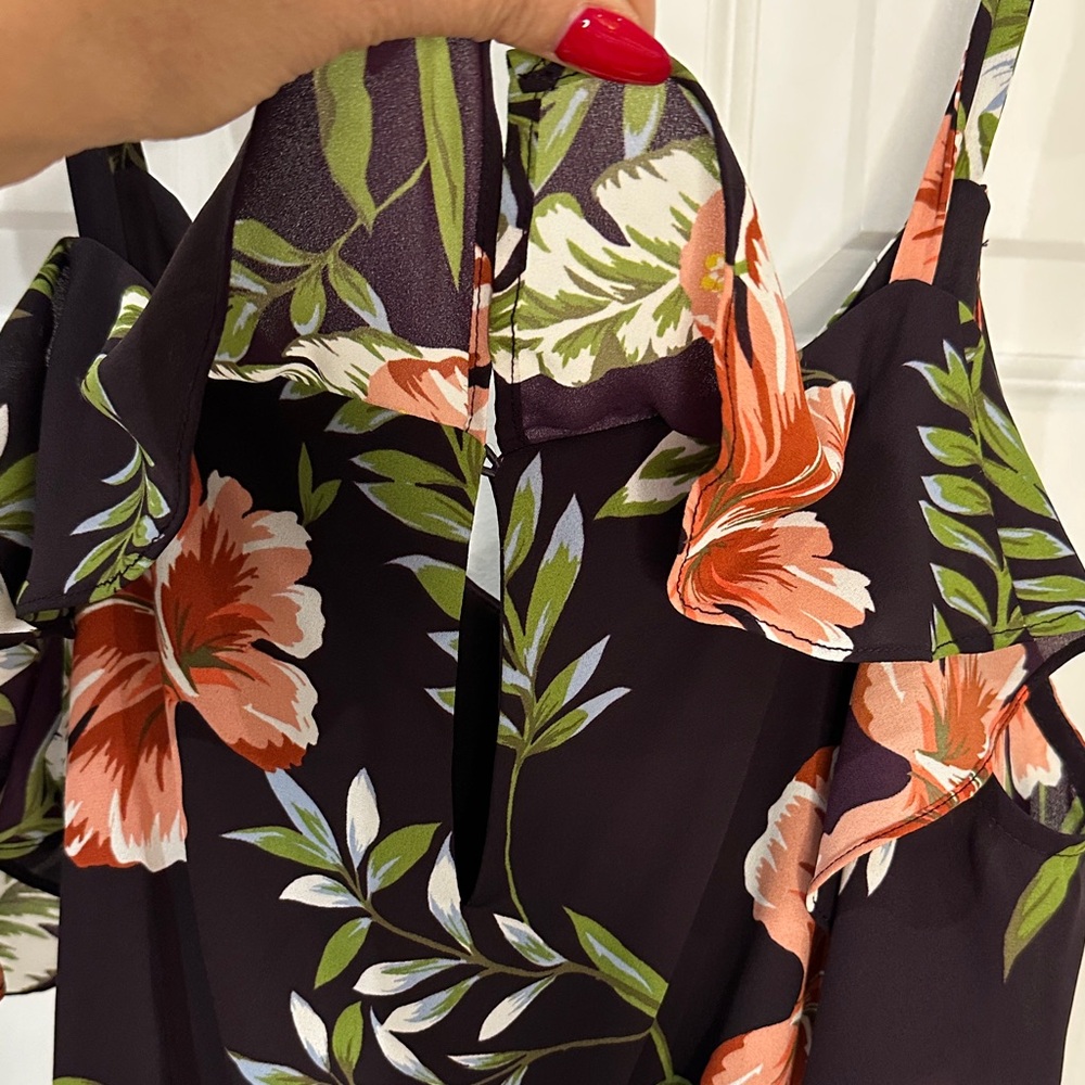 Adrianna Papell Floral Cold Shoulder Jumpsuit Wide Leg Flutter Sleeve Size 10 - Picture 8 of 10